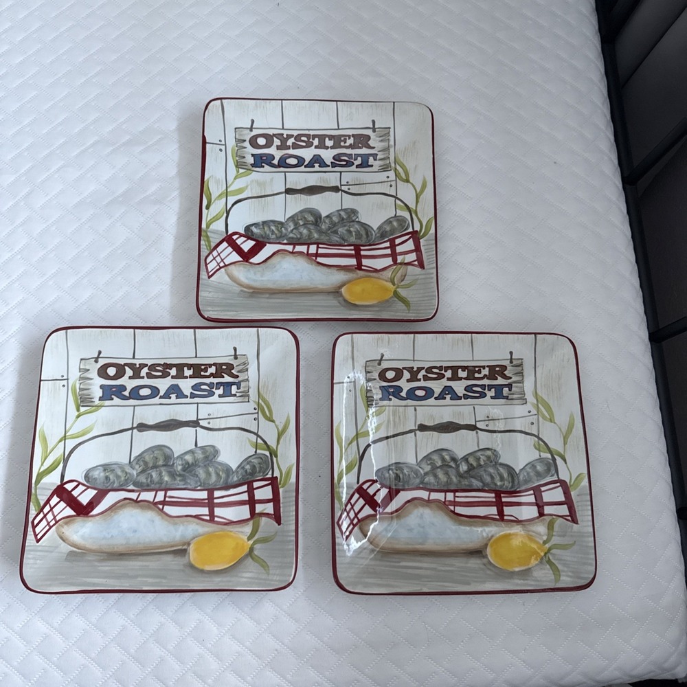 Certified International Oyster Roast Square Plates Set of 3 Multicolor Excellent